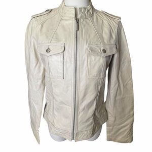 Attention Genuine Leather Cream Colored Jacket Moto Style Sz Small